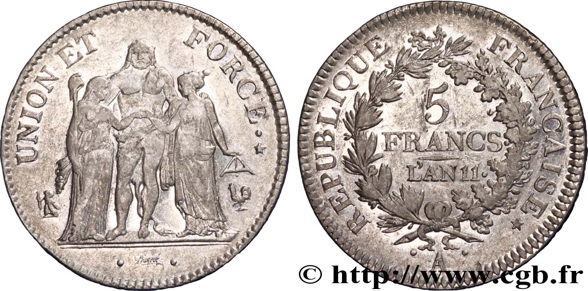5 francs Union et Force, Union serré, seulement glands intérieurs 1803 Paris F.288/187 MBC 