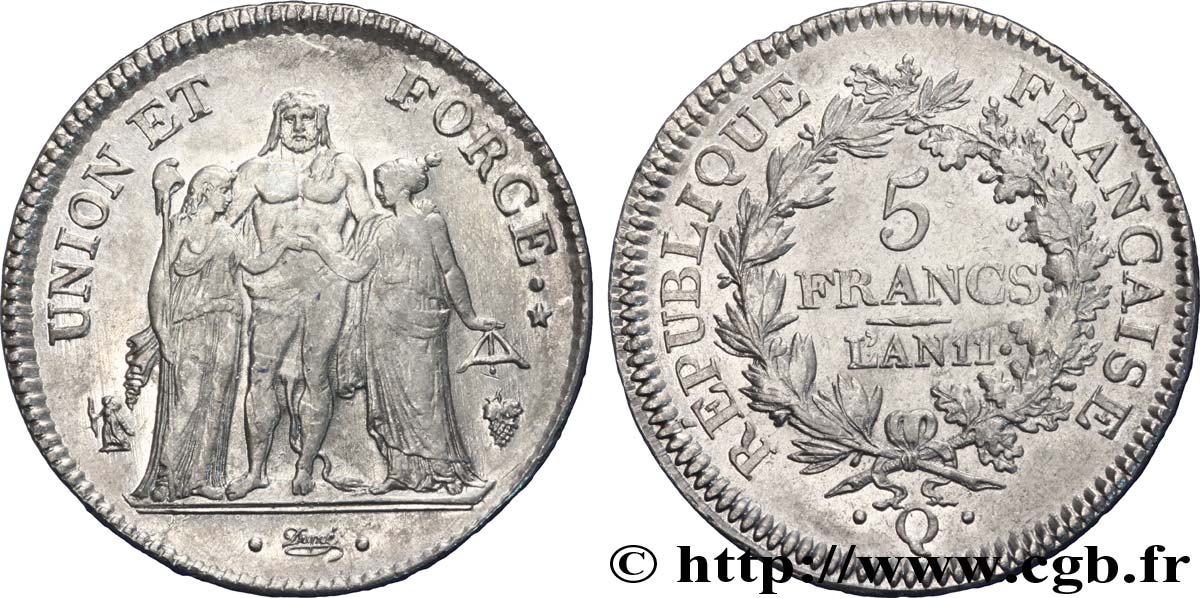 5 francs Union et Force, Union serré, seulement glands intérieurs 1803 Perpignan F.288/200 XF 