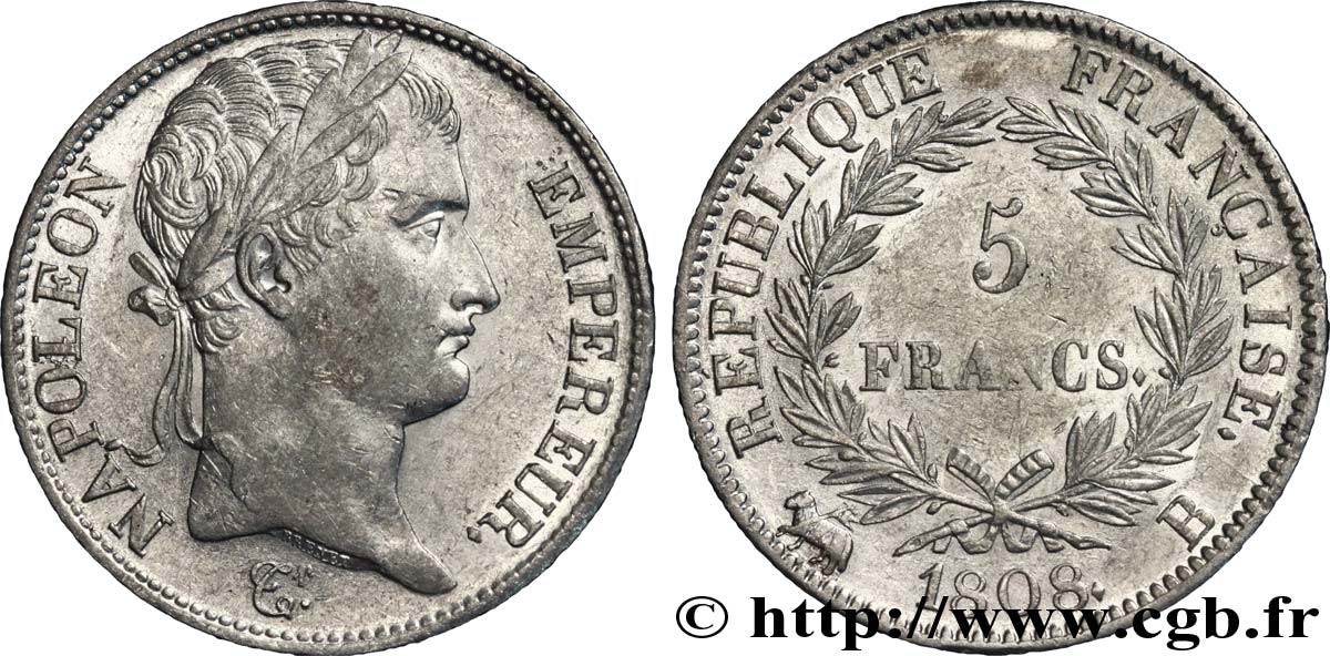 5 francs Napoléon Empereur, République française 1808 Rouen F.306/3 AU 