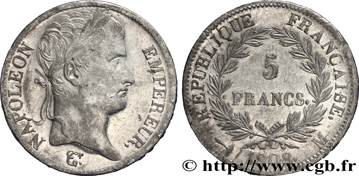 5 francs Napoléon Empereur, République française 1808 Toulouse F.306/10 SS 