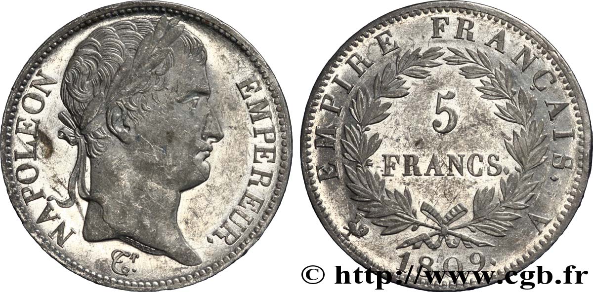 5 francs Napoléon Empereur, Empire français 1809 Paris F.307/1 AU 