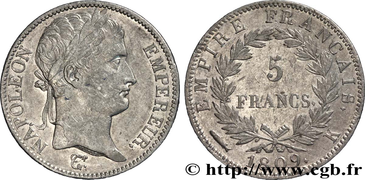 5 francs Napoléon Empereur, Empire français 1809 Bordeaux F.307/7 XF 