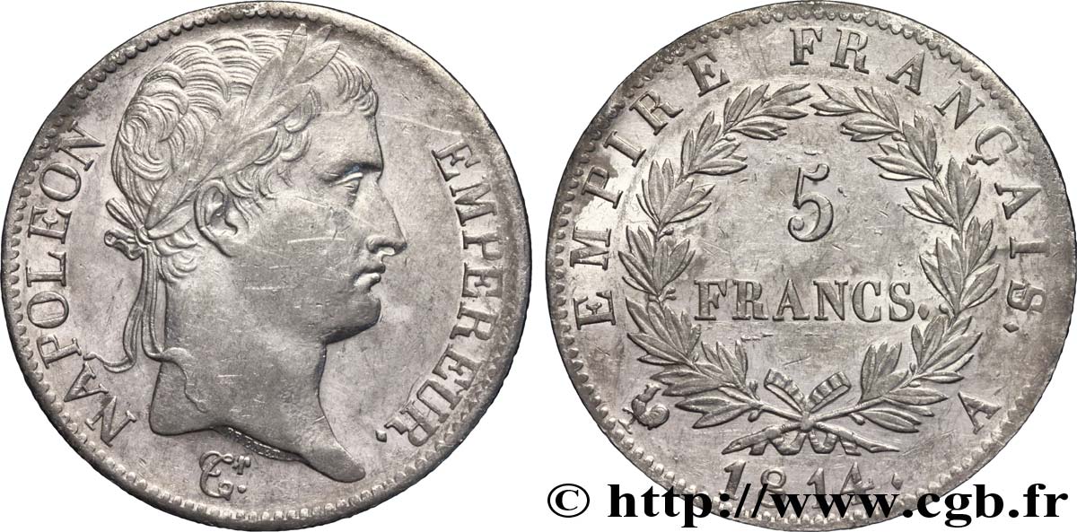 5 francs Napoléon Empereur, Empire français 1814 Paris F.307/76 XF 