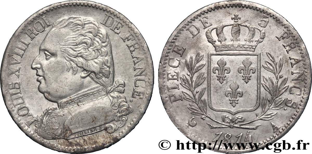 5 francs Louis XVIII, buste habillé 1814 Paris F.308/1 TTB 
