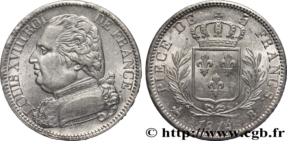 5 francs Louis XVIII, buste habillé 1814 Rouen F.308/2 VZ 