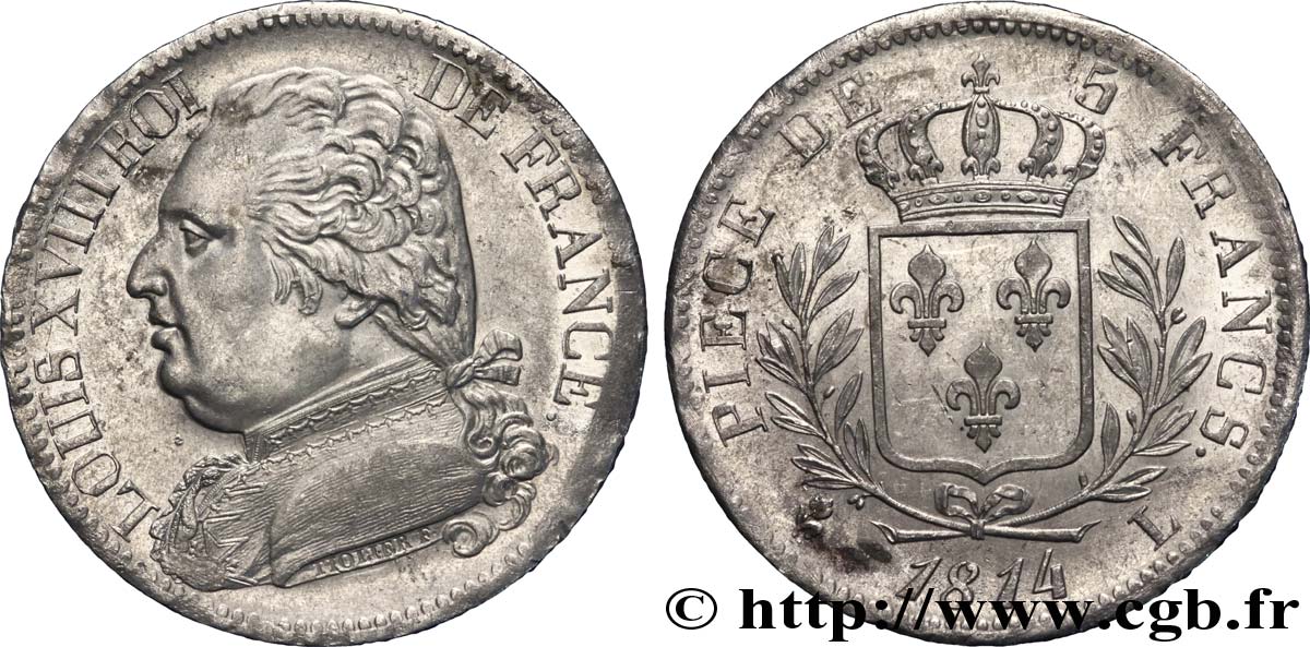 5 francs Louis XVIII, buste habillé 1814 Bayonne F.308/8 MBC 