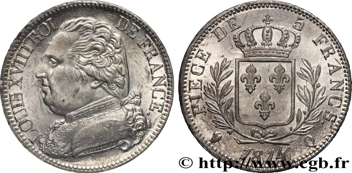 5 francs Louis XVIII, buste habillé 1814 Perpignan F.308/11 EBC 