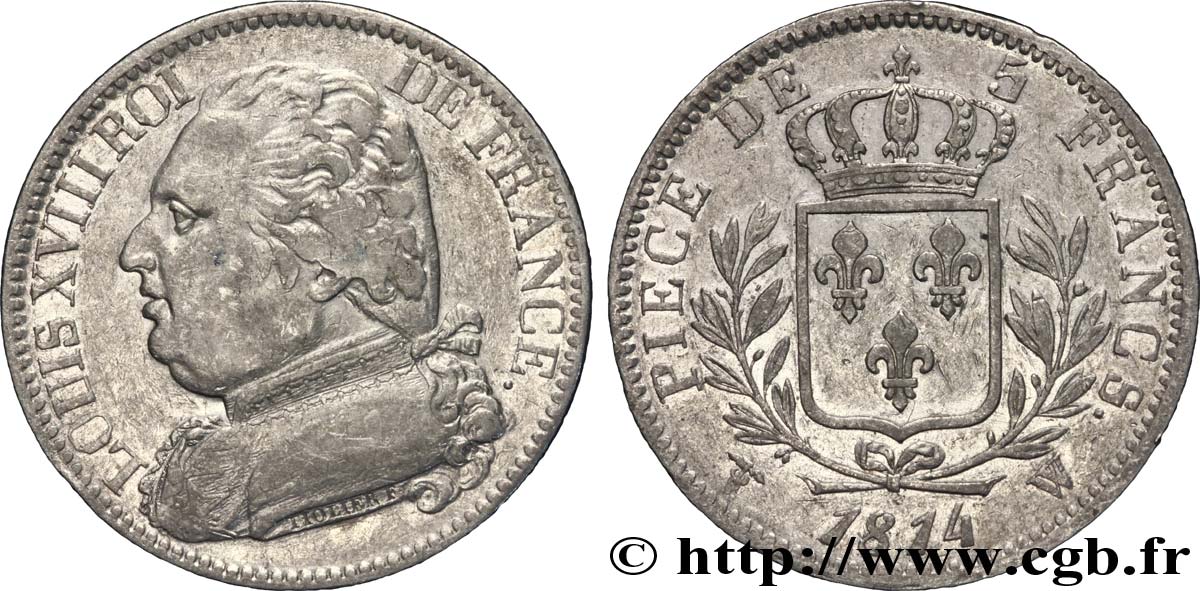 5 francs Louis XVIII, buste habillé 1814 Lille F.308/13 XF 