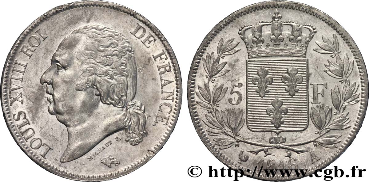 5 francs Louis XVIII, tête nue 1816  Paris F.309/1 XF 