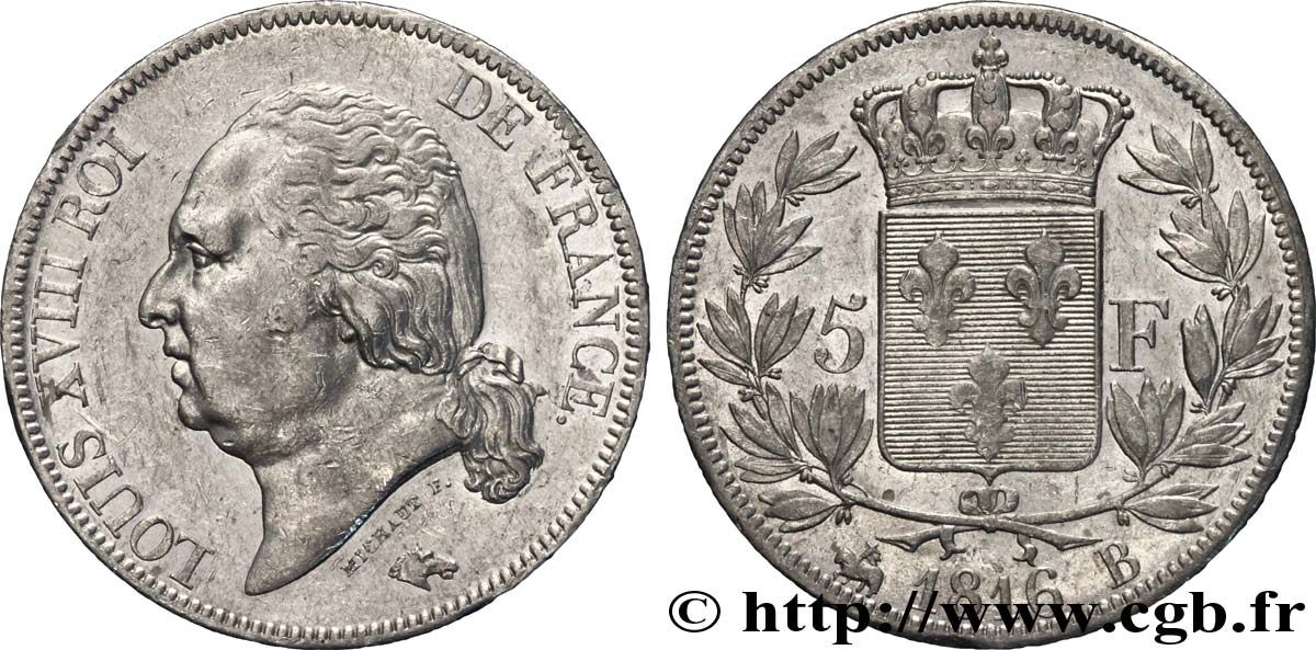 5 francs Louis XVIII, tête nue 1816 Rouen F.309/2 TTB 