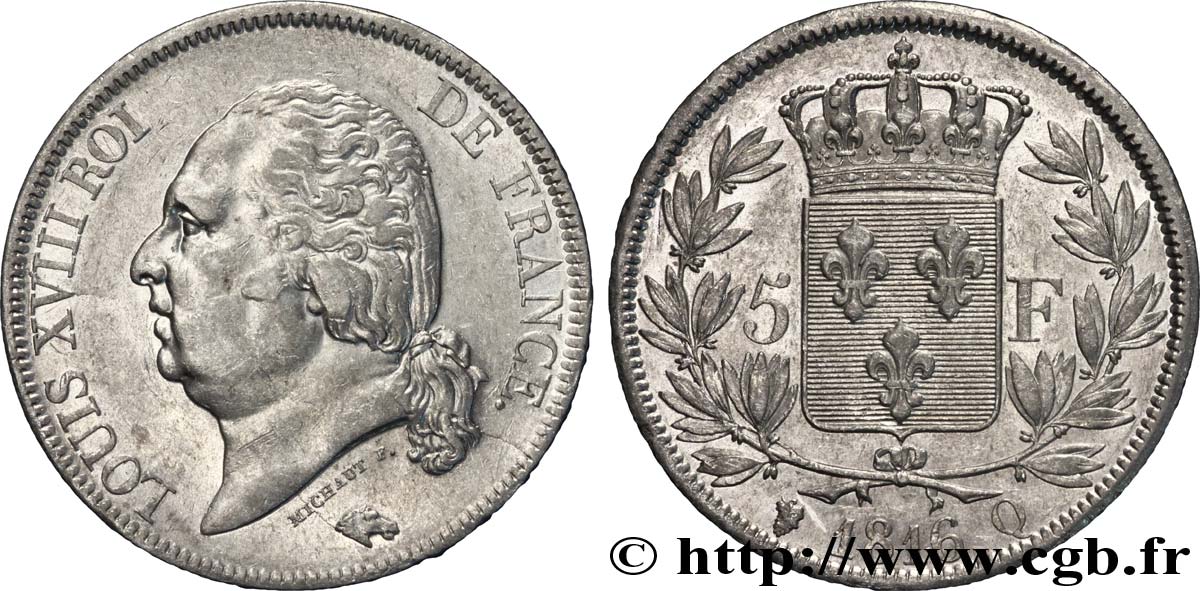 5 francs Louis XVIII, tête nue 1816 Perpignan F.309/11 MBC 
