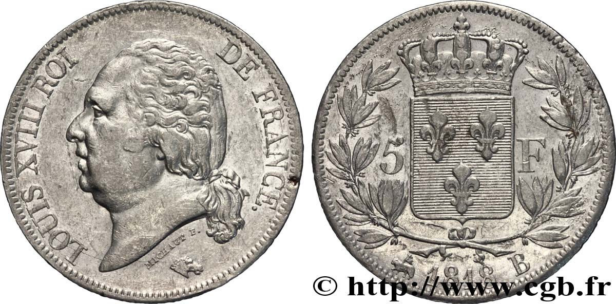 5 francs Louis XVIII, tête nue 1818 Rouen F.309/29 TTB 