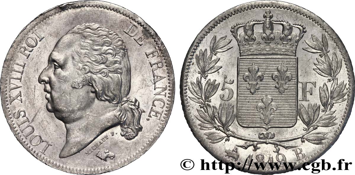 5 francs Louis XVIII, tête nue 1819 Rouen F.309/41 XF 