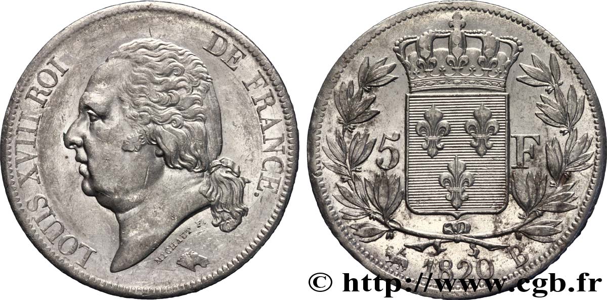 5 francs Louis XVIII, tête nue 1820 Rouen F.309/50 XF 