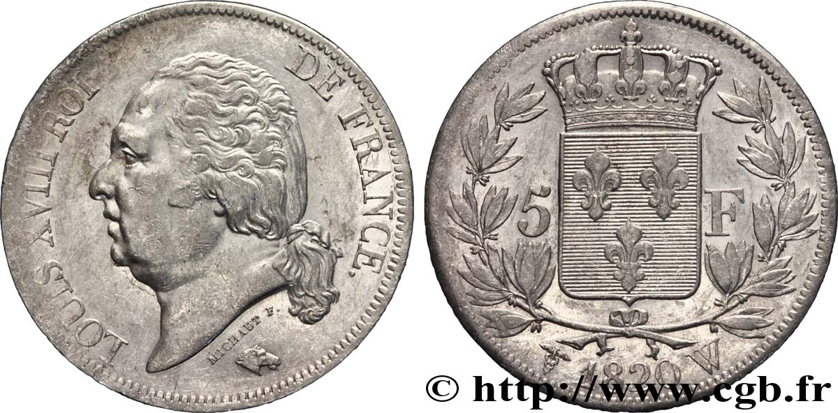 5 francs Louis XVIII, tête nue 1820 Lille F.309/59 SS 