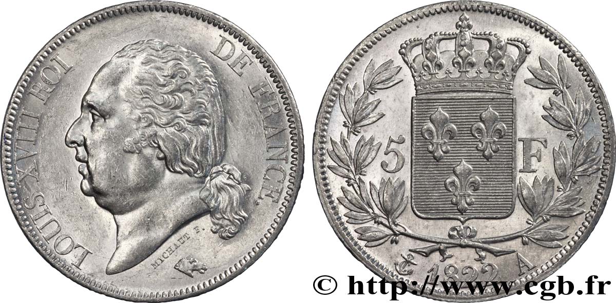 5 francs Louis XVIII, tête nue 1822 Paris F.309/68 EBC 