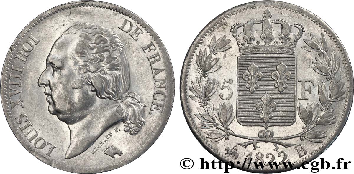 5 francs Louis XVIII, tête nue 1822 Rouen F.309/70 XF 