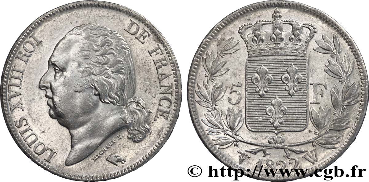 5 francs Louis XVIII, tête nue 1822 Lille F.309/75 VZ 
