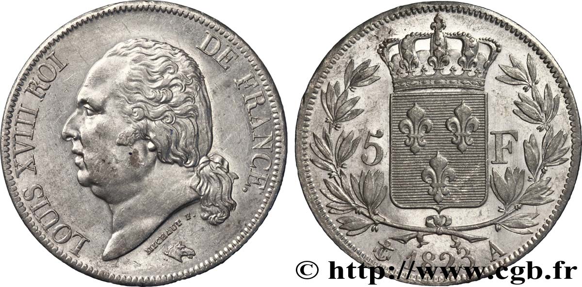 5 francs Louis XVIII, tête nue 1823 Paris F.309/76 AU 