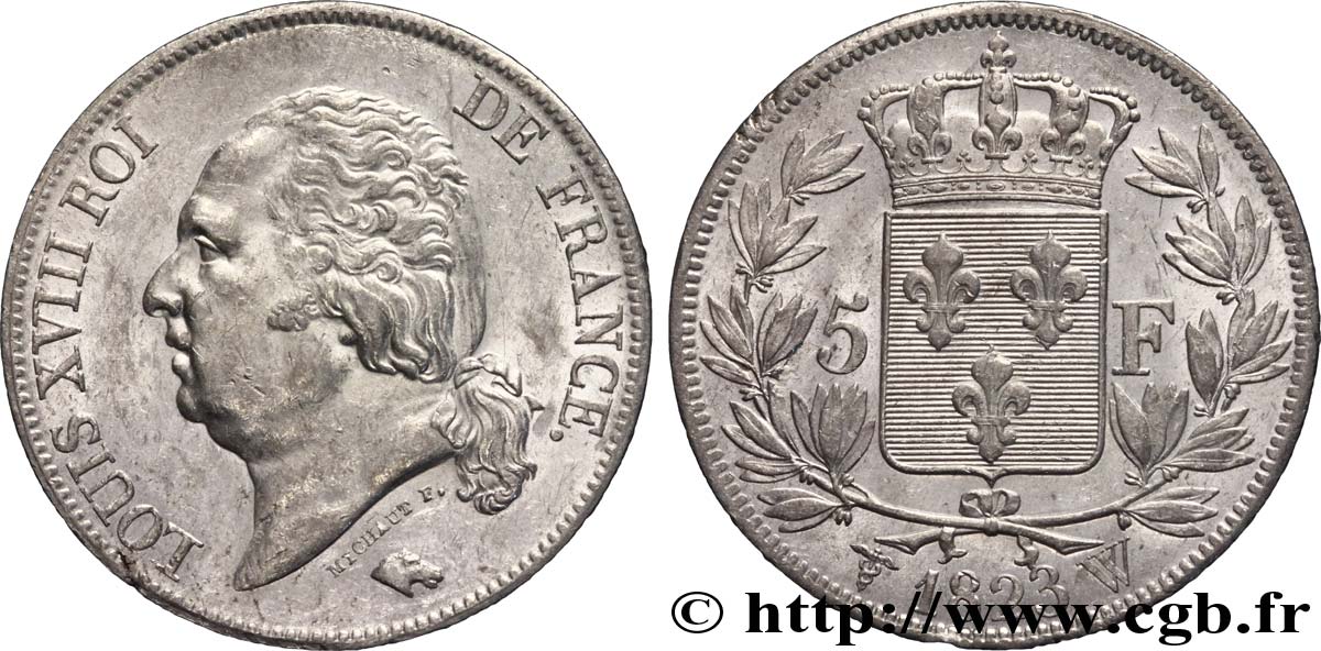 5 francs Louis XVIII, tête nue 1823 Lille F.309/87 XF 