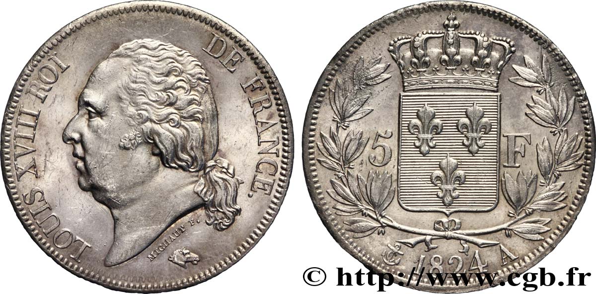 5 francs Louis XVIII, tête nue 1824 Paris F.309/88 AU 