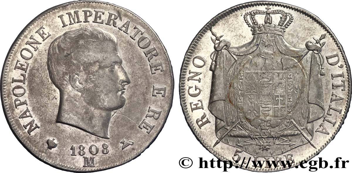 5 lire Napoléon Empereur et Roi d’Italie, 1er type, tranche en relief 1808 Milan M.218  SS 