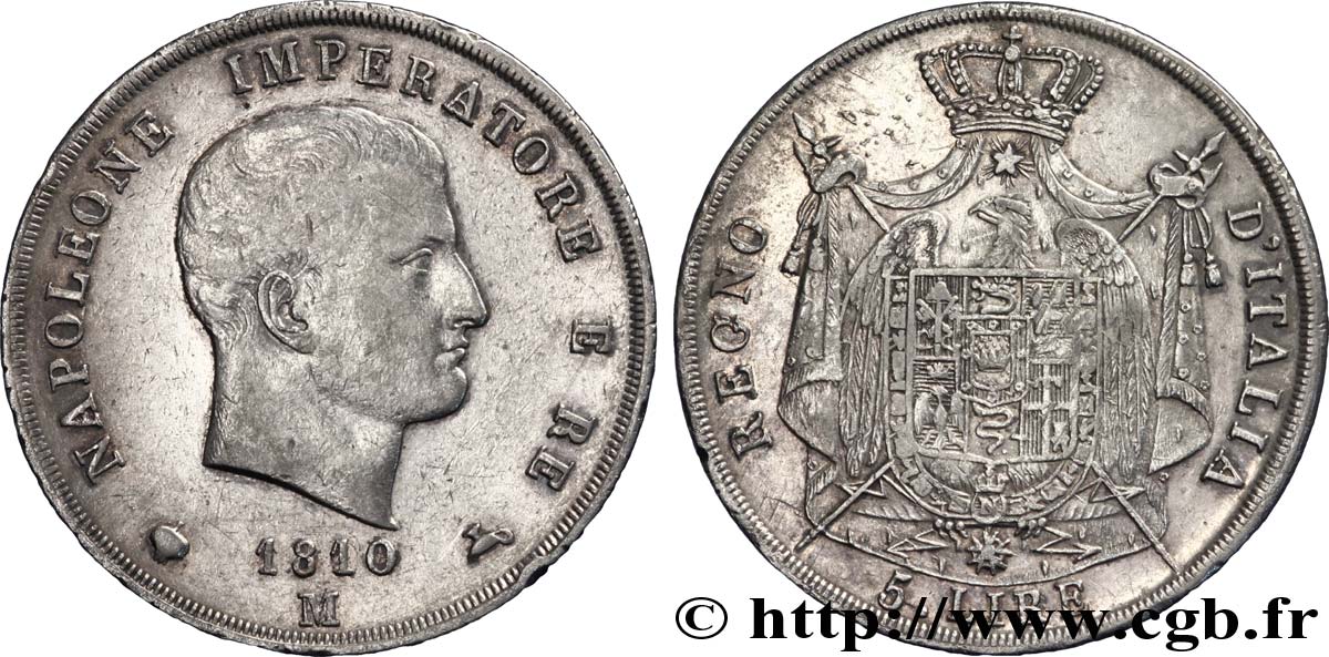 5 lire Napoléon Empereur et Roi d’Italie, 2ème type, tranche en creux 1810 Milan M.223  BB 