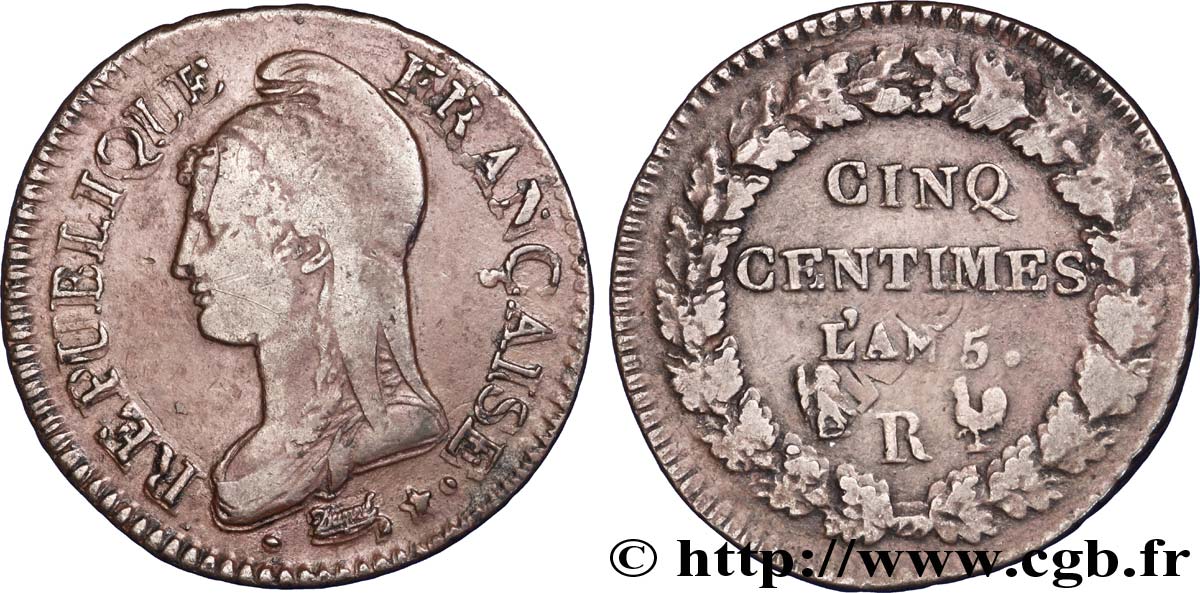 Cinq centimes Dupré, grand module,  refrappage  du décime 1797 Orléans F.114/10 TB 