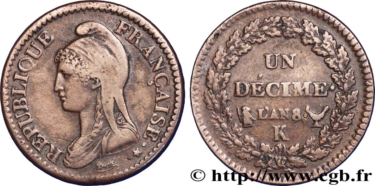 Un décime Dupré, grand module 1800 Bordeaux F.129/70 XF 