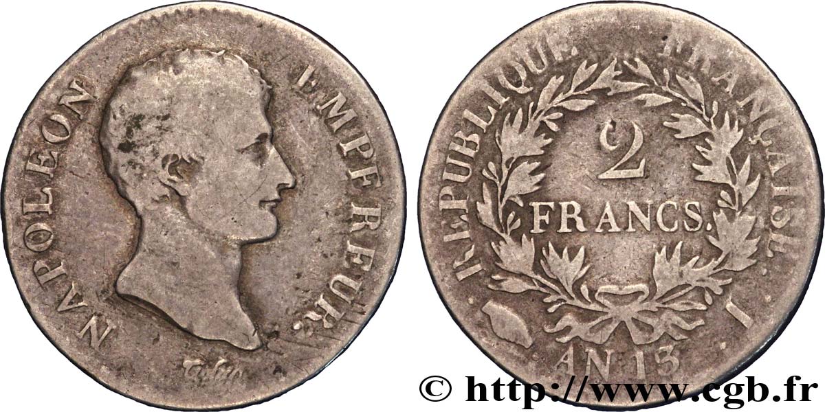 2 francs Napoléon Empereur, Calendrier révolutionnaire 1805 Limoges F.251/17 TB 