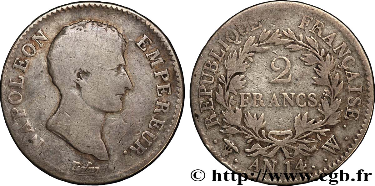 2 francs Napoléon Empereur, Calendrier révolutionnaire 1805 Lille F.251/35 RC 