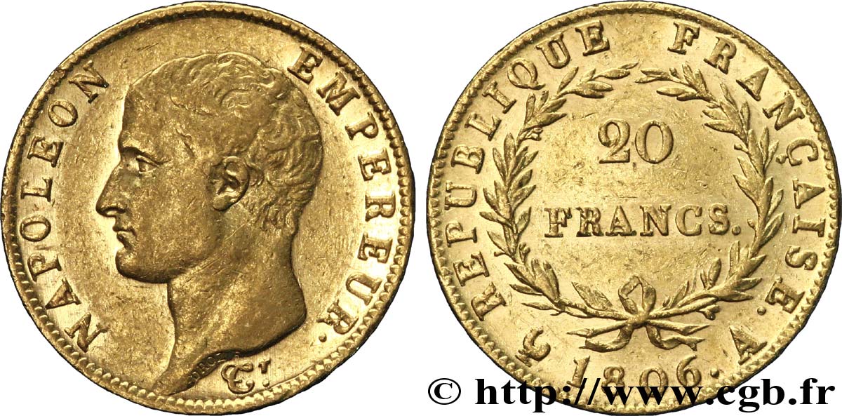 20 francs or Napoléon tête nue, Calendrier grégorien 1806 Paris F.513/1 MBC 
