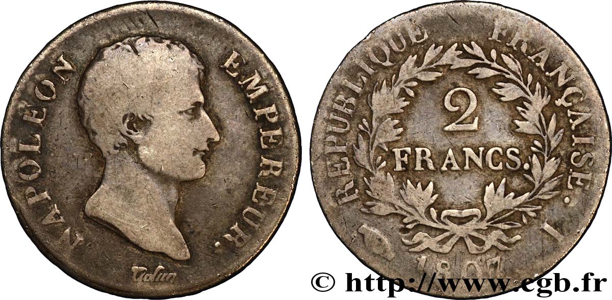 2 francs Napoléon Empereur, Calendrier grégorien 1807 Limoges F.252/9 BC 