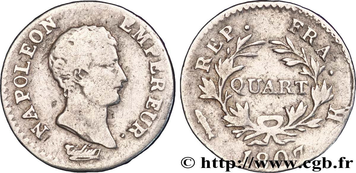 Quart (de franc) Napoléon Empereur, Calendrier grégorien 1807 Bordeaux F.159/7 VF 