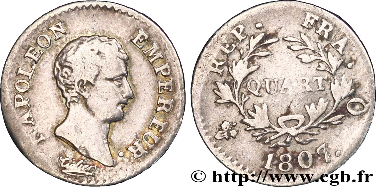 Quart (de franc) Napoléon Empereur, Calendrier grégorien 1807 Perpignan F.159/10 VF 