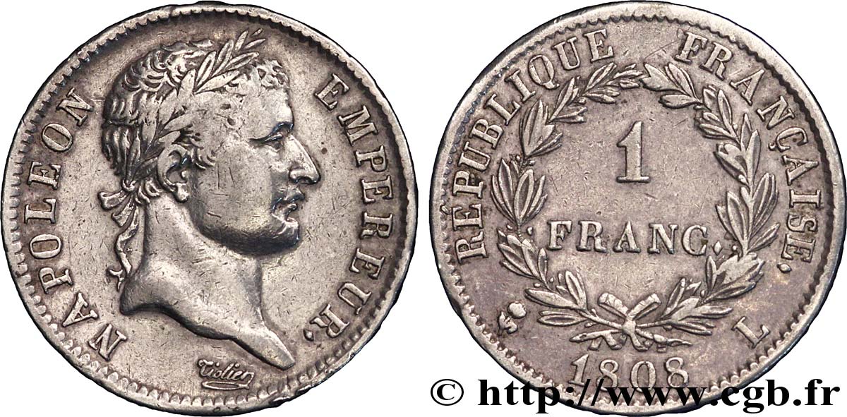 1 franc Napoléon Ier tête laurée, République française 1808 Bayonne F.204/9 TTB 
