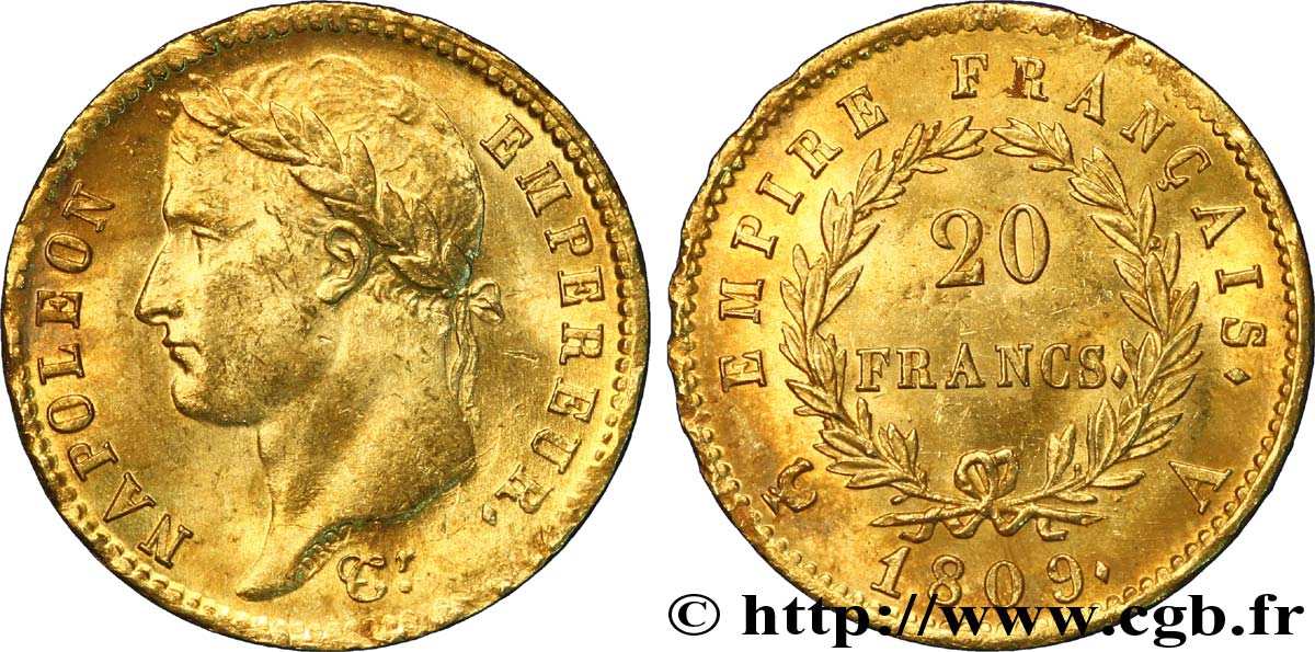 20 francs or Napoléon tête laurée, Empire français 1809 Paris F.516/1 fST 