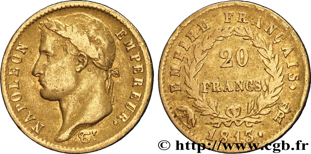 20 francs or Napoléon tête laurée, Empire français 1813 Rome F.516/35 VF 