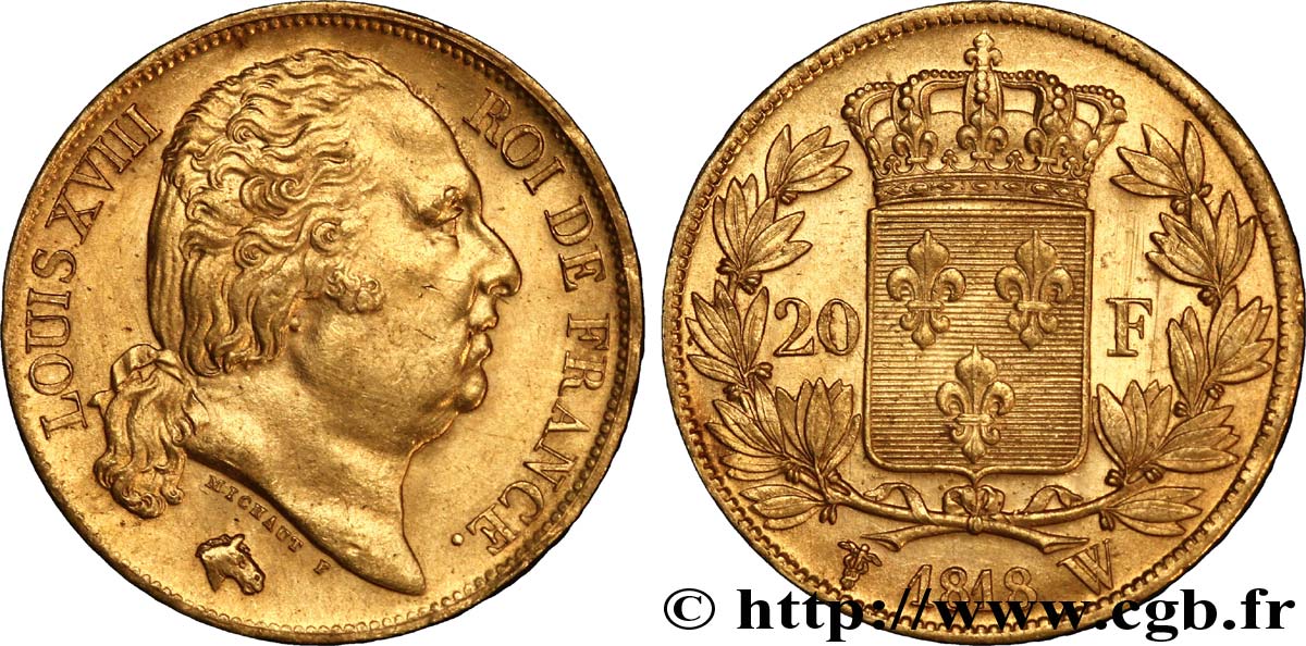 20 francs or Louis XVIII, tête nue 1818 Lille F.519/14 fST 