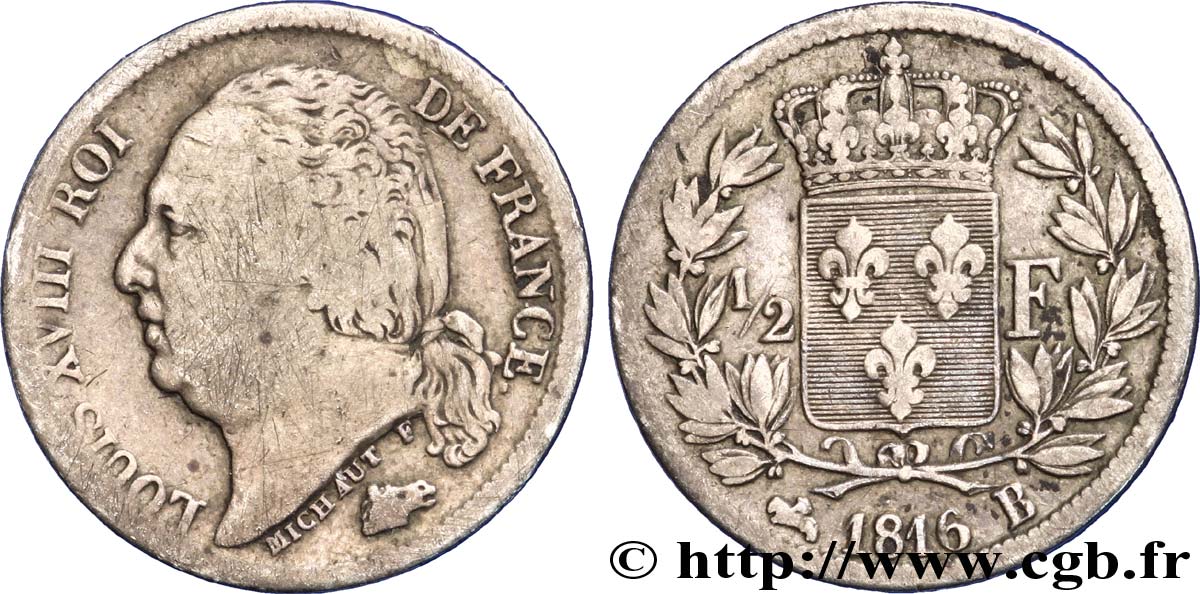 1/2 franc Louis XVIII 1816 Rouen F.179/2 TB 