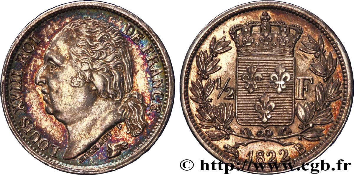 1/2 franc Louis XVIII 1822 Rouen F.179/31 XF 
