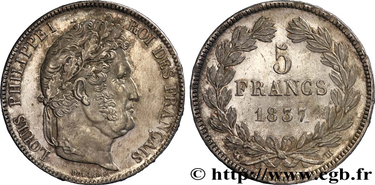 5 francs, IIe type Domard 1837 Strasbourg F.324/63 AU 