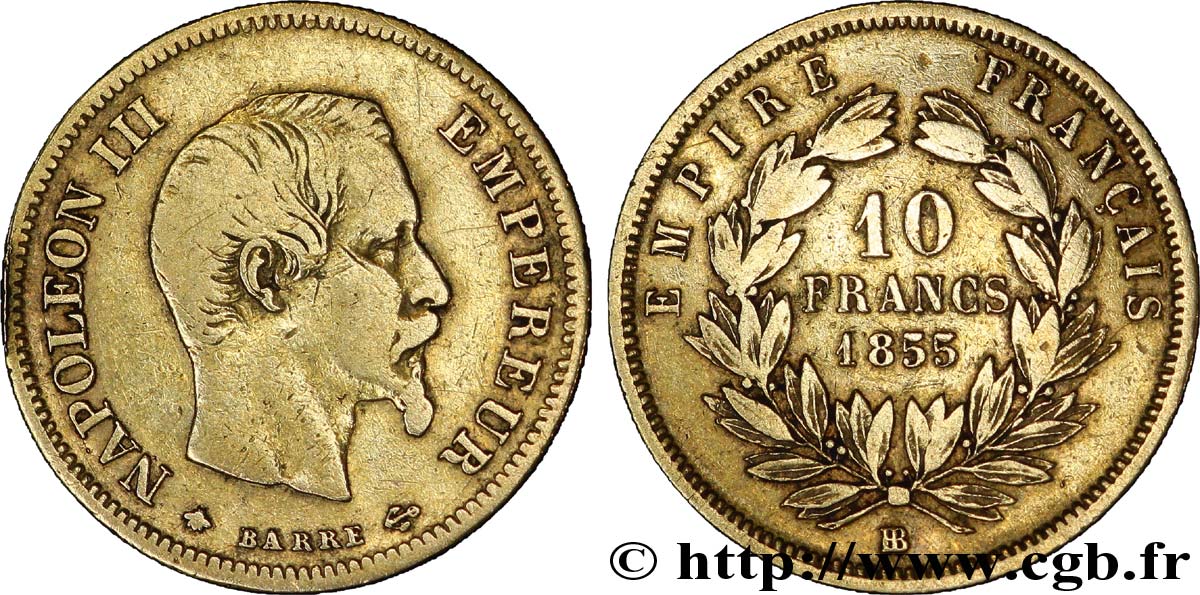 10 francs or Napoléon III, tête nue, grand module 1855 Strasbourg F.506/2 TB 