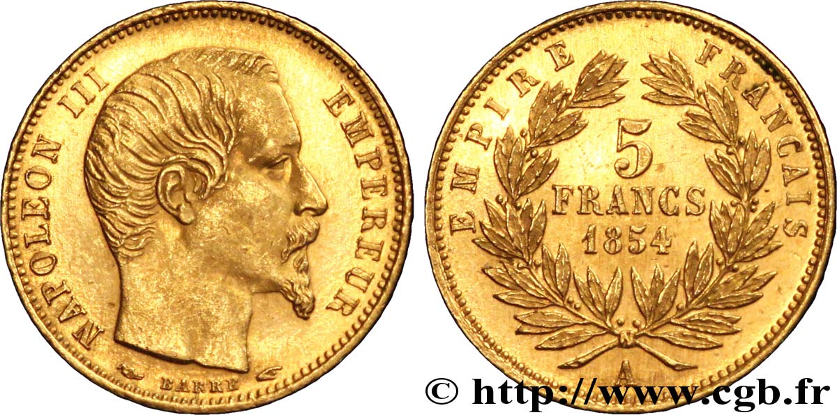 5 francs or Napoléon III, tête nue, petit module, tranche lisse 1854 Paris F.500/1 MS 