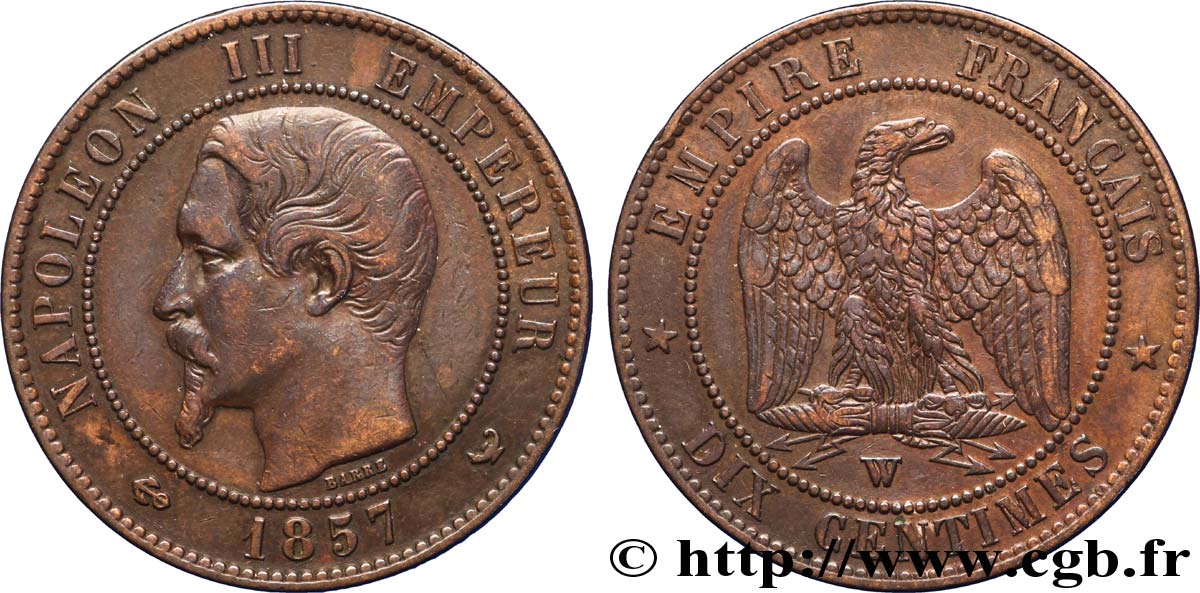 Dix centimes Napoléon III, tête nue 1857 Lille F.133/46 XF 