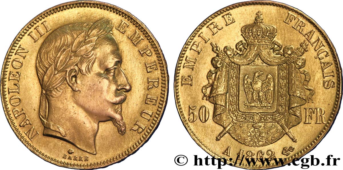 Faux pour servir (?) de 50 francs or Napoléon III, tête laurée 1862 Paris F.548/1 var. SPL 