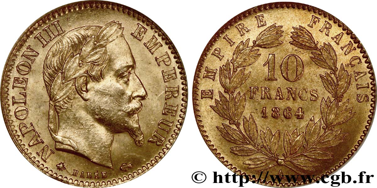 10 francs or Napoléon III, tête laurée 1864 Paris F.507A/6 SPL 