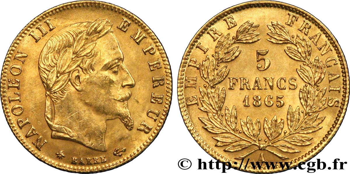 5 francs or Napoléon III, tête laurée 1865 Paris F.502/7 AU 