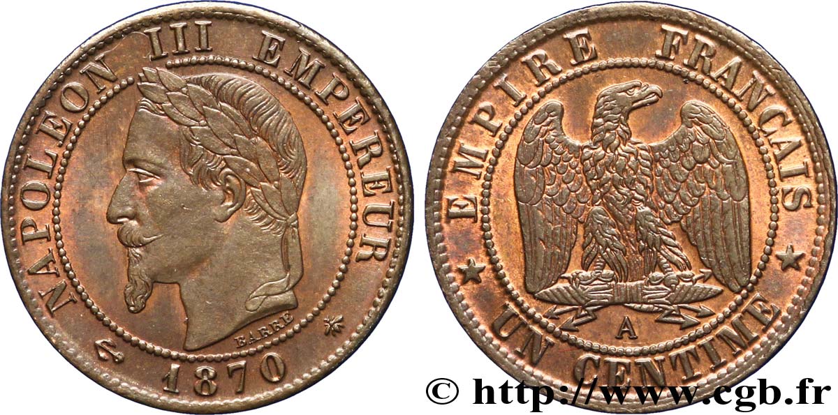 Un centime Napoléon III, tête laurée 1870 Paris F.103/8 VZ 