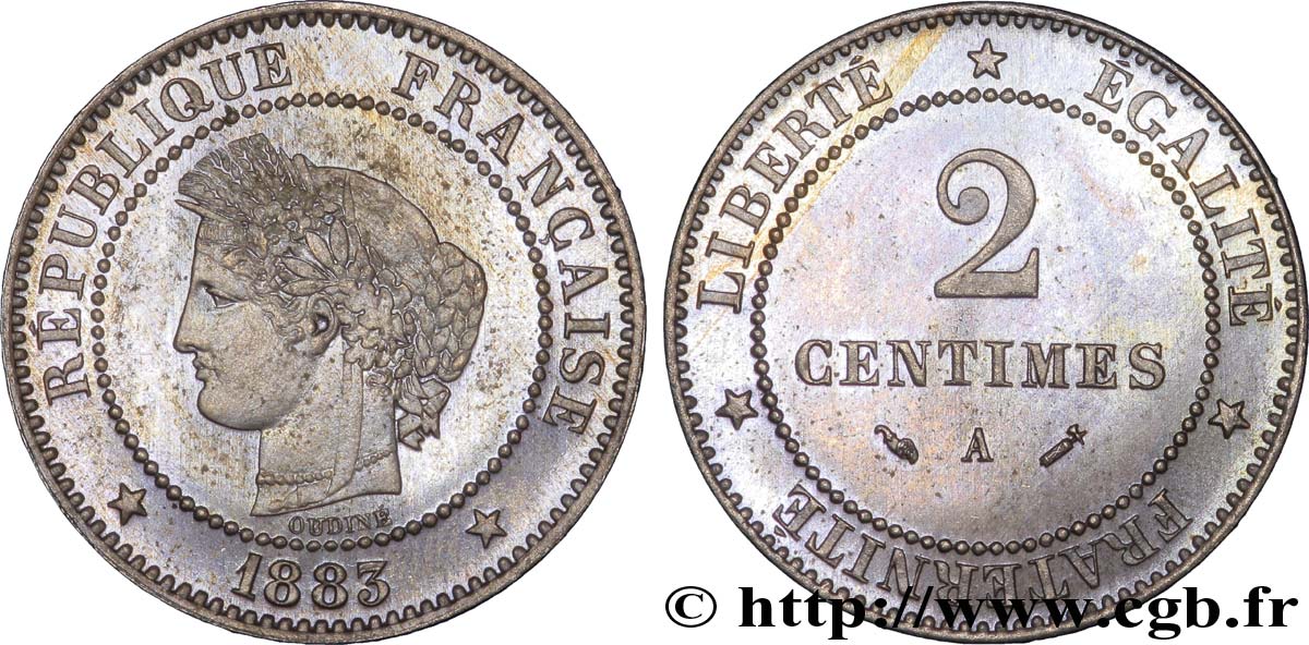 2 centimes Cérès, sur flan en maillechort 1883 Paris F.109/8 var. fST 
